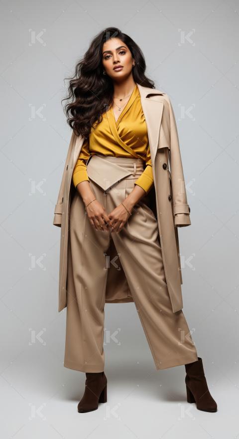 Elegant Woman in Chic Beige and Gold Outfit