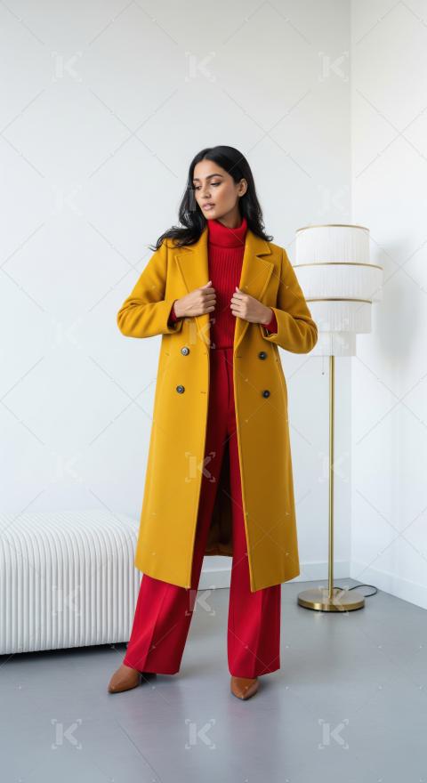 Elegant Woman Posing in Mustard Coat and Red Outfit
