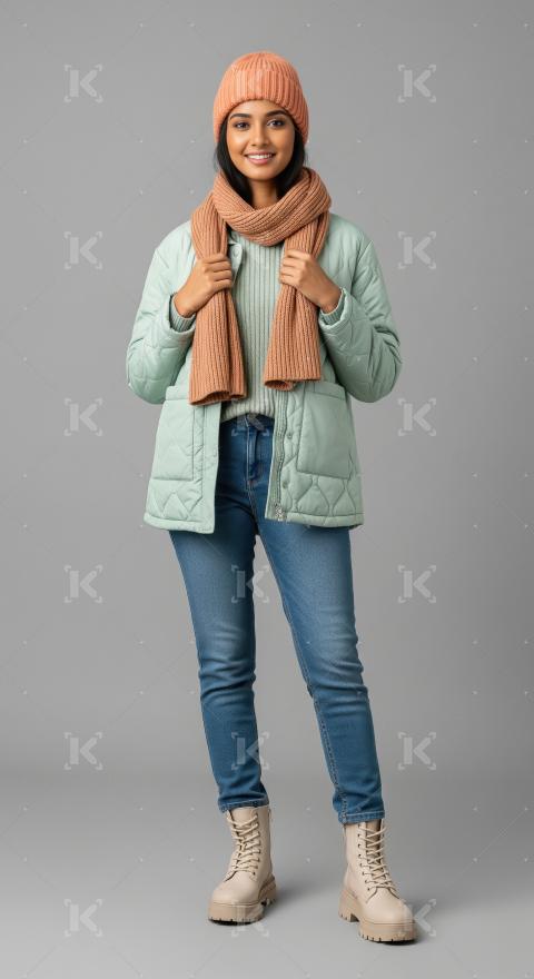 Young woman in winter fashion posing happily