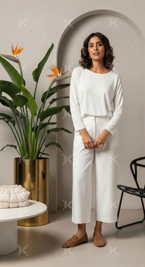 Elegant Woman in White Outfit Standing Beside Exotic Plant Indoo