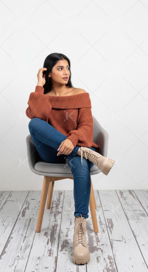 Stylish Young Woman in Off-Shoulder Sweater and Jeans