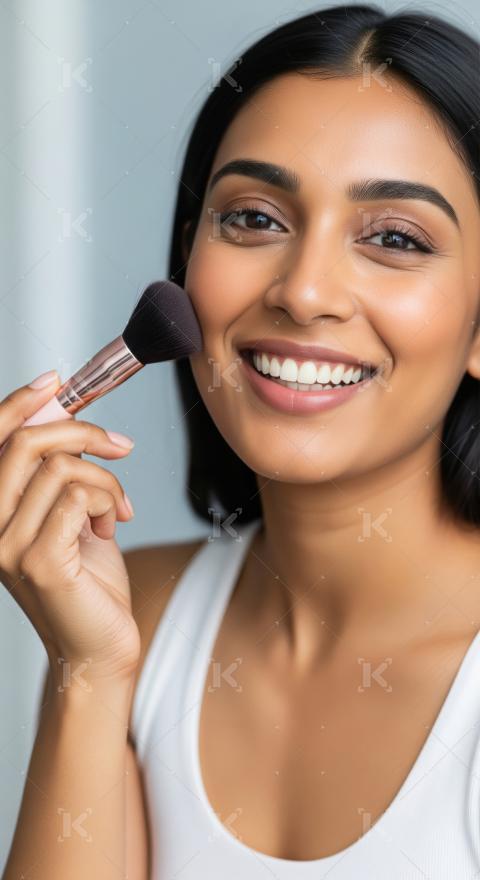 Smiling Indian woman applies face makeup with a brush