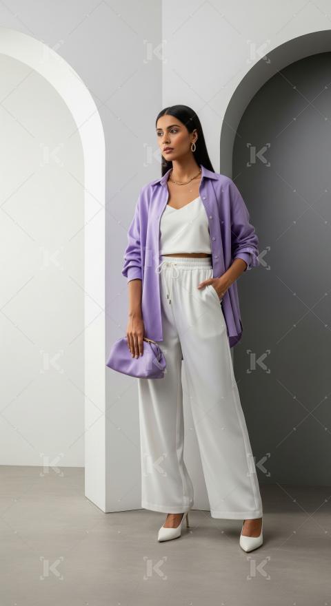 Fashionable woman in purple shirt and white wide-leg pants
