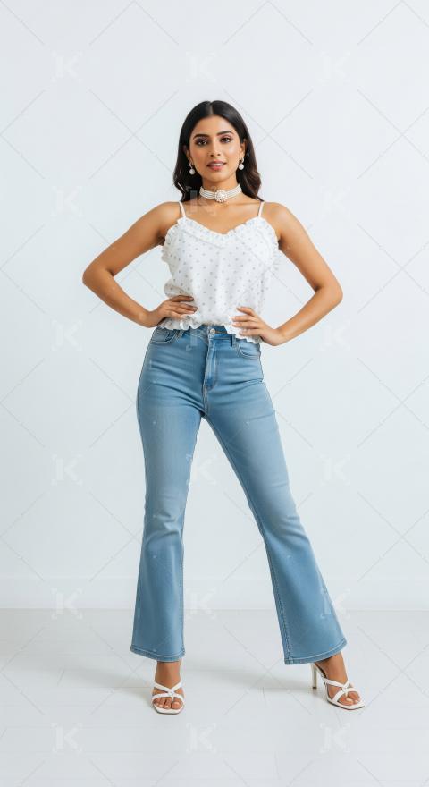 Confident Young Woman Posing in Trendy White Top and Flared Jean