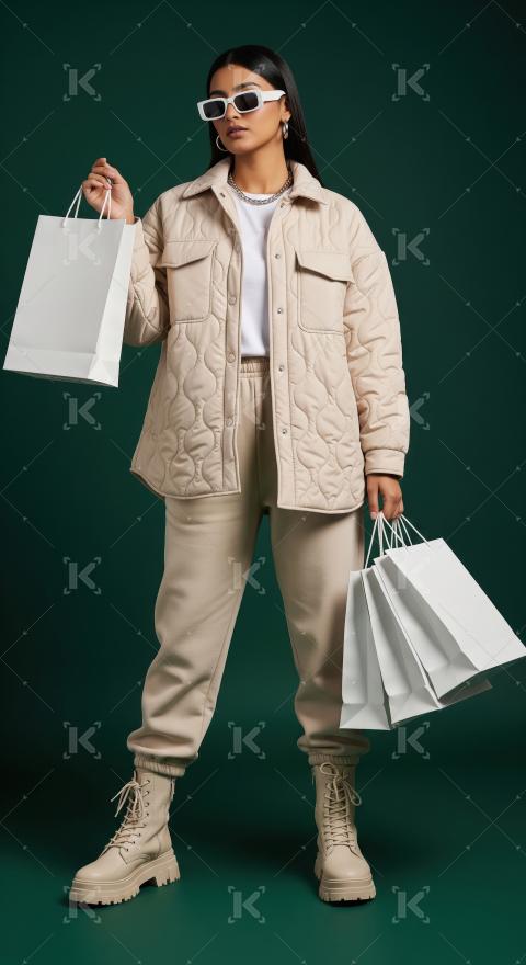 Stylish Woman with Shopping Bags in Modern Beige Outfit