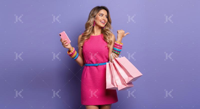 Trendy Woman Points with Phone and Shopping Bags