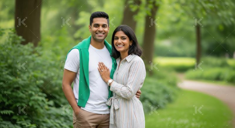 Happy Indian Couple Posing Together in a Lush Green Park