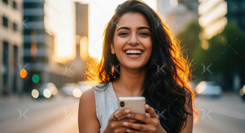 Happy Young Indian Woman Using Phone in City Sunset