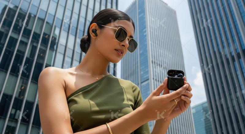 Stylish Woman Uses Wireless Earbuds in Modern Urban Setting