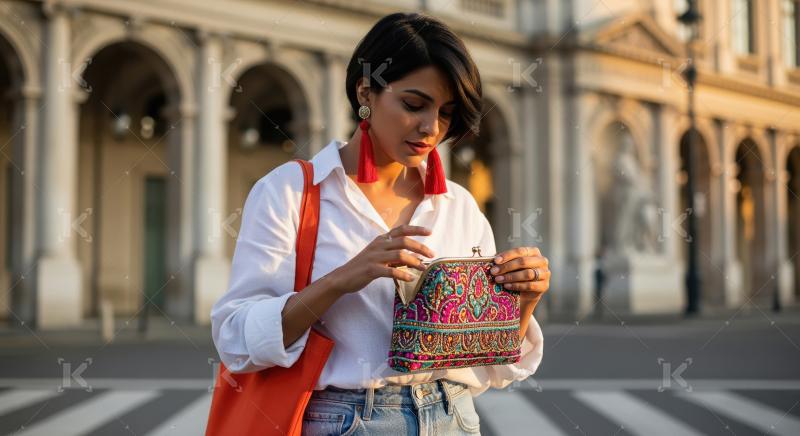 Stylish Woman Holding Vibrant Embroidered Clutch Bag on City Str