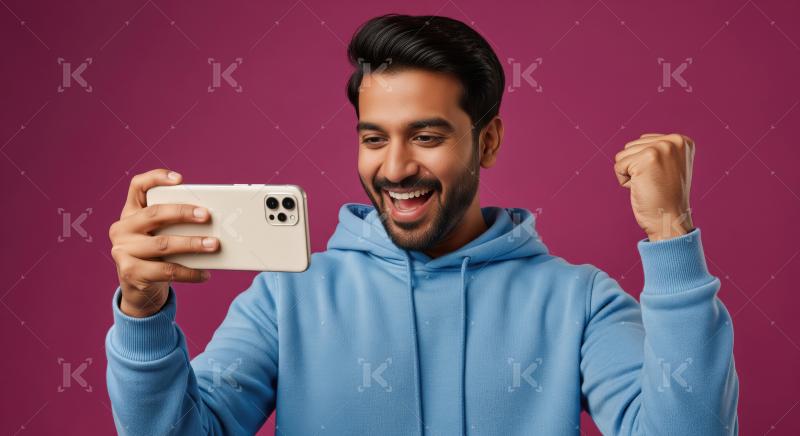 Excited Man Celebrates Smartphone Win with Joyful Gesture