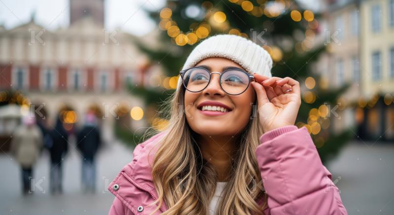 Young woman enjoying winter holiday market adjusting glasses