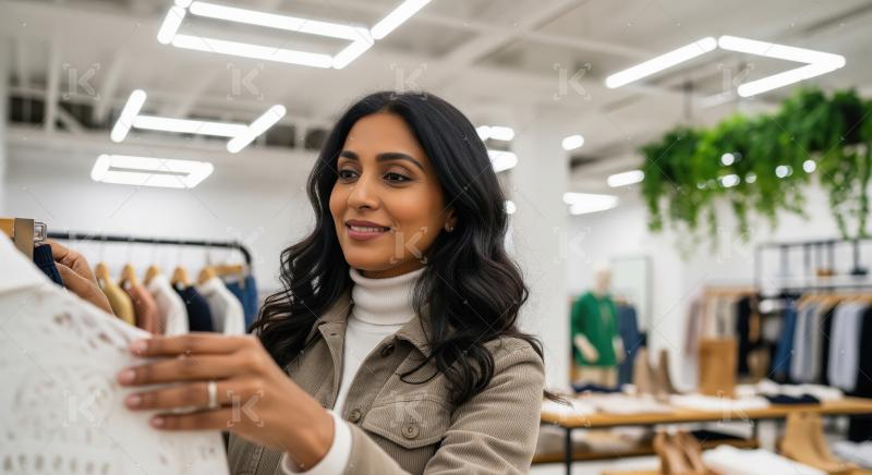 Happy Woman Shopping for Fashion Clothes in Modern Retail Store