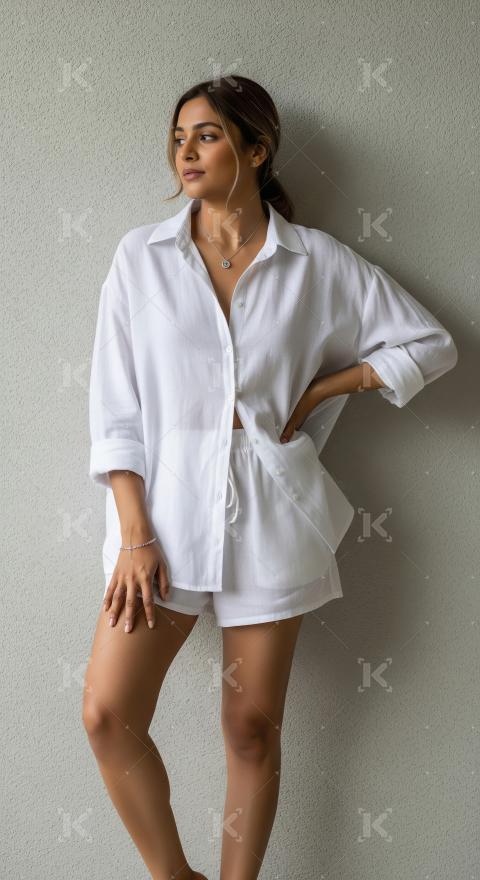 Stylish Young Woman in White Loungewear Set Posing