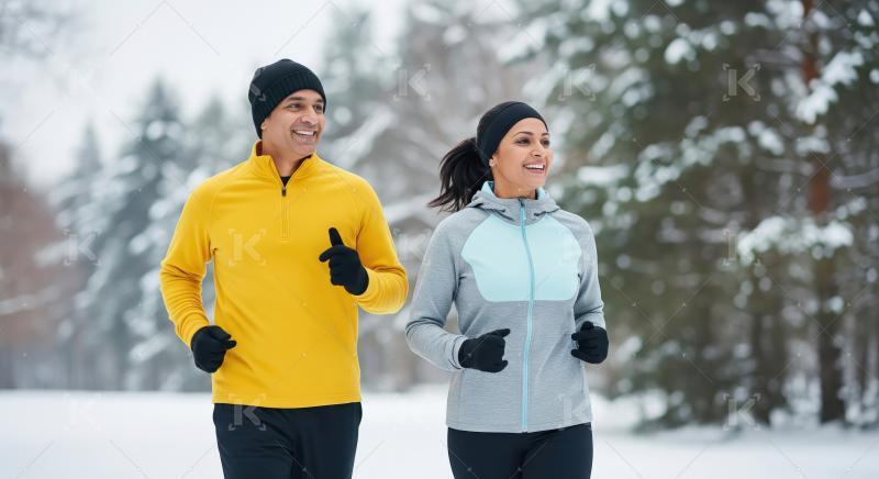 Cheerful Couple Running on Snow Covered Trail in Winter