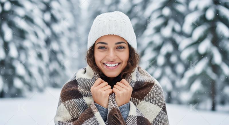 Happy Young Woman Enjoying Snowy Winter Day in Forest
