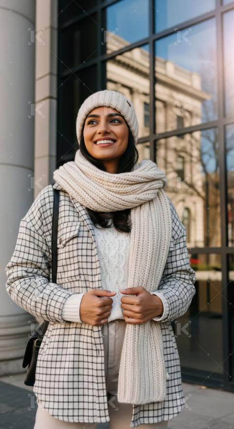 Stylish Young Woman in Warm Winter Fashion on City Street