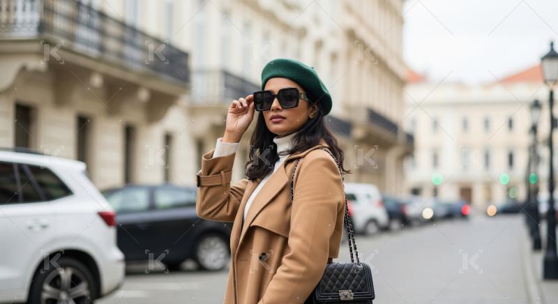 Stylish woman in beret and trench coat on city street