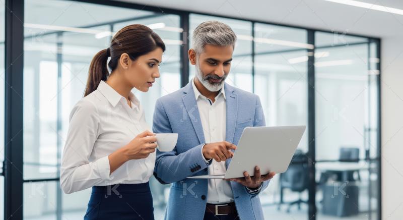 Business Professionals Collaborating on Laptop in Modern Office