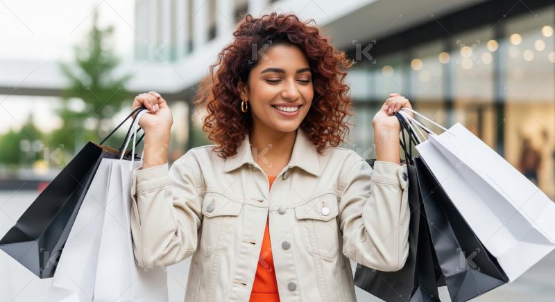 Happy Indian Woman Joyfully Carries Shopping Bags Outdoors