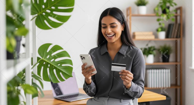 Smiling Indian Woman Online Shopping with Phone and Credit Card