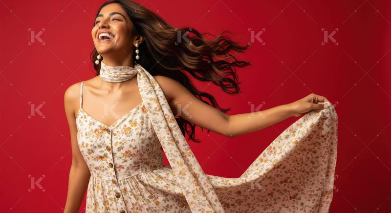 Joyful Woman in Floral Dress Laughing on Vibrant Red Background