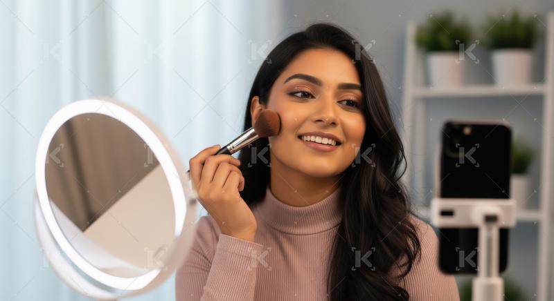 Young Indian Woman Vlogging Makeup Tutorial with Mirror and Phon