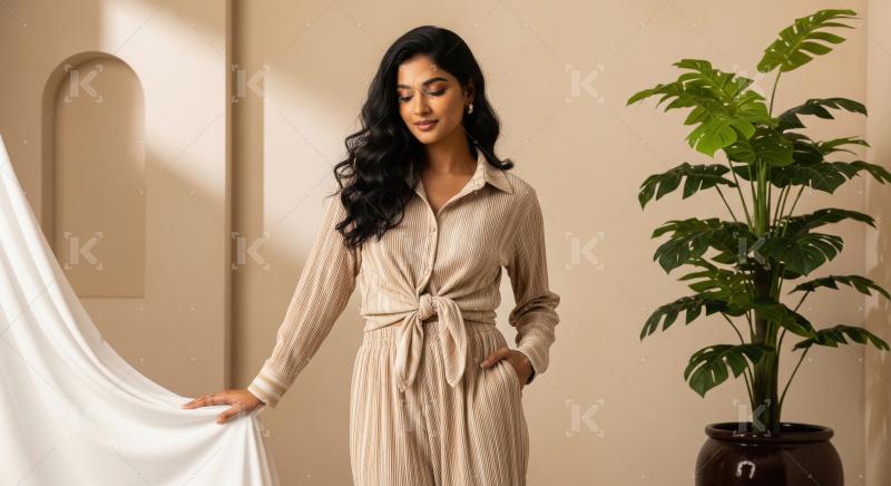 Elegant Indian Woman in Pleated Beige Co-Ord Set