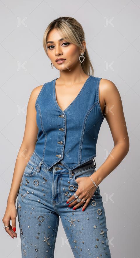 Fashionable Woman Posing in Denim Vest and Embellished Jeans