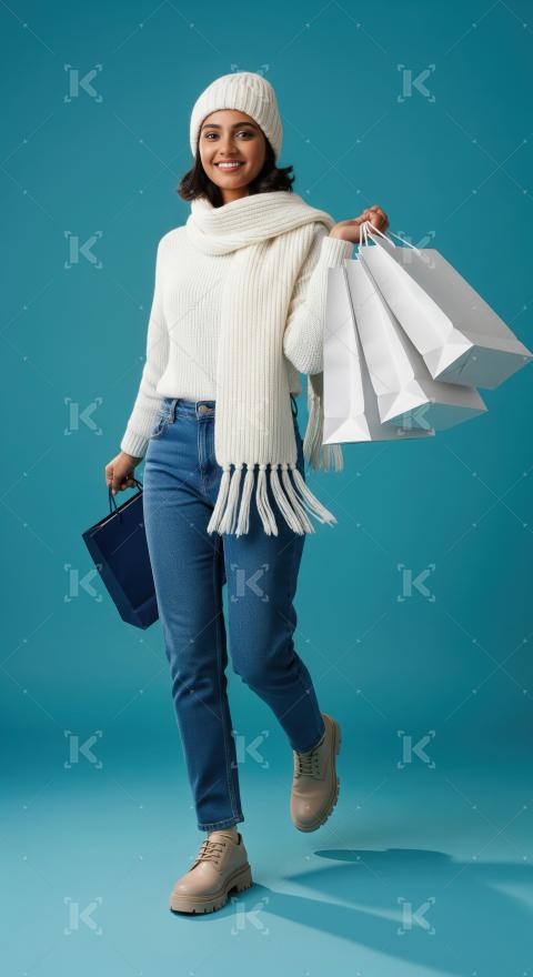 Happy Woman in Winter Fashion with Many Shopping Bags