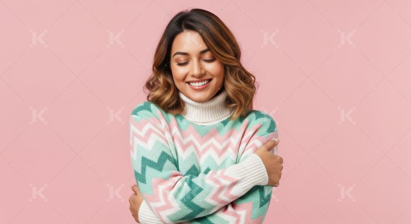 Happy Young Woman Hugging Herself in Cozy Winter Sweater
