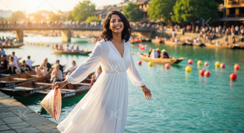 Joyful Woman in White Dress by Historic Asian River Town