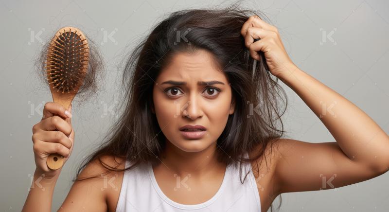 Hair loss distress: Young woman holds brush full of hair