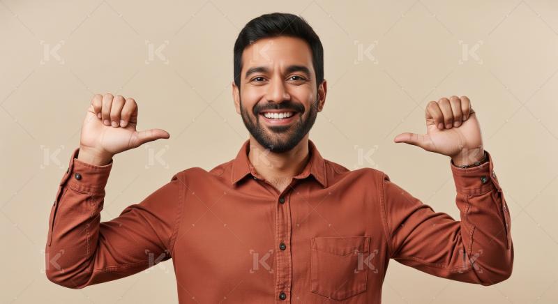 Happy Bearded Man Confidently Pointing Thumbs At Himself