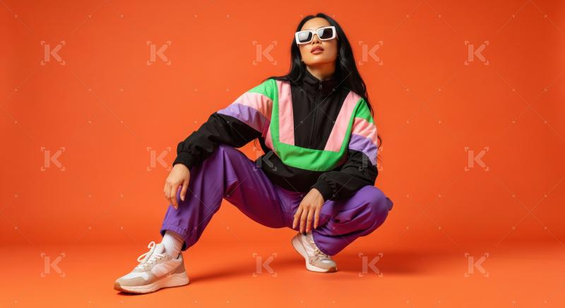 Stylish Young Asian Woman Squatting in Vibrant Retro Tracksuit