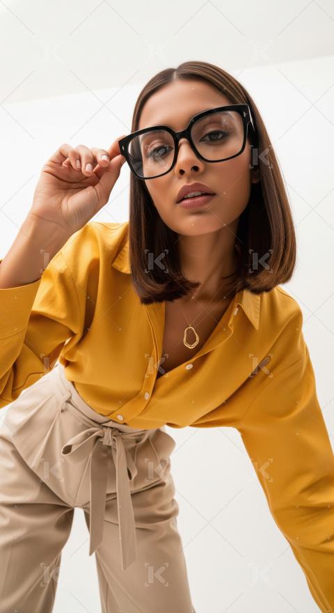 Confident Woman Adjusting Glasses, Looking at Camera