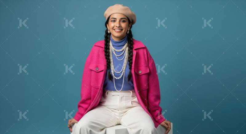 Stylish Young Woman in Pink Jacket and Pearls Smiles