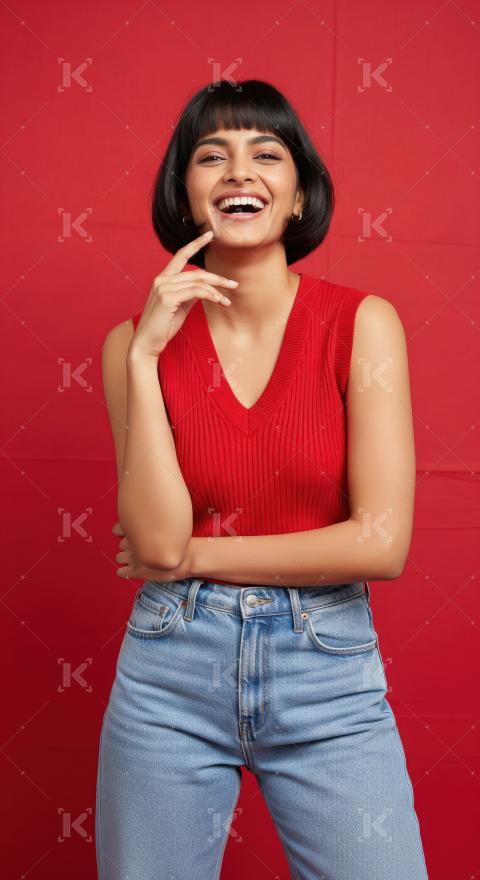 Radiant Young Indian Woman Smiling Cheerful Against Vibrant Red