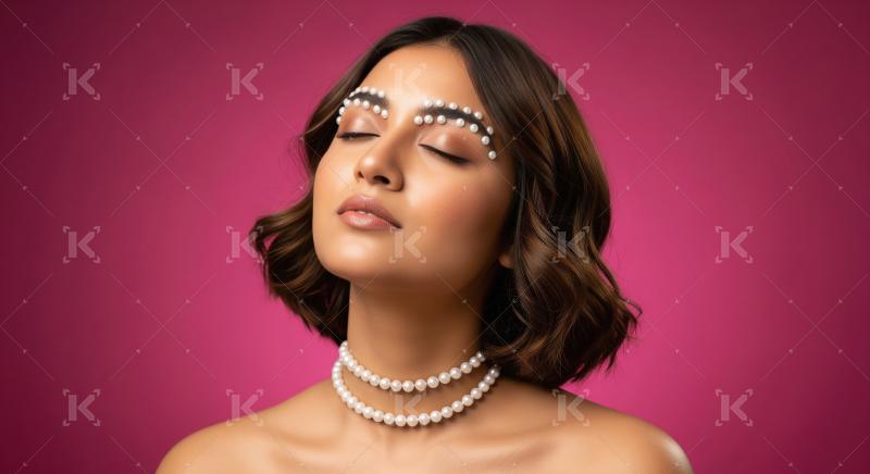 Serene Beauty: Woman with Pearls on Pink Background