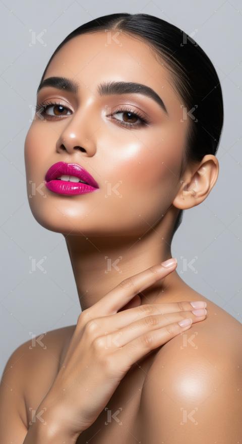 Beautiful Woman with Radiant Skin and Bold Pink Lipstick