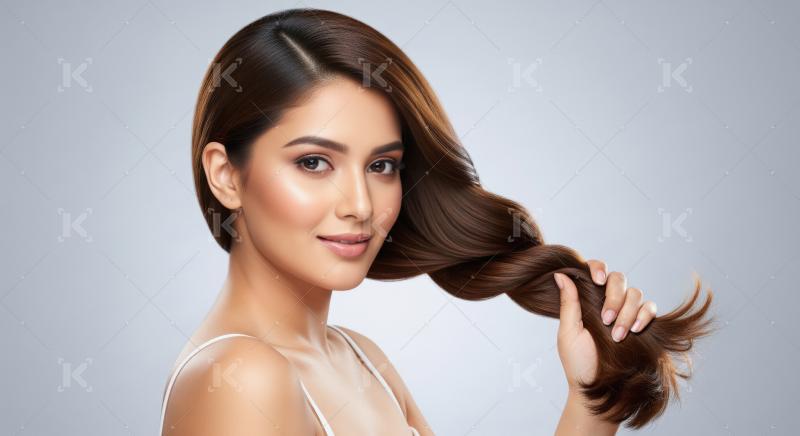 Beautiful Woman with Long, Shiny Brown Hair Holding Twisted Stra