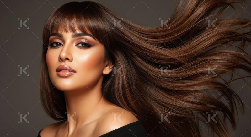 Beautiful Woman with Flowing Brunette Hair and Bangs