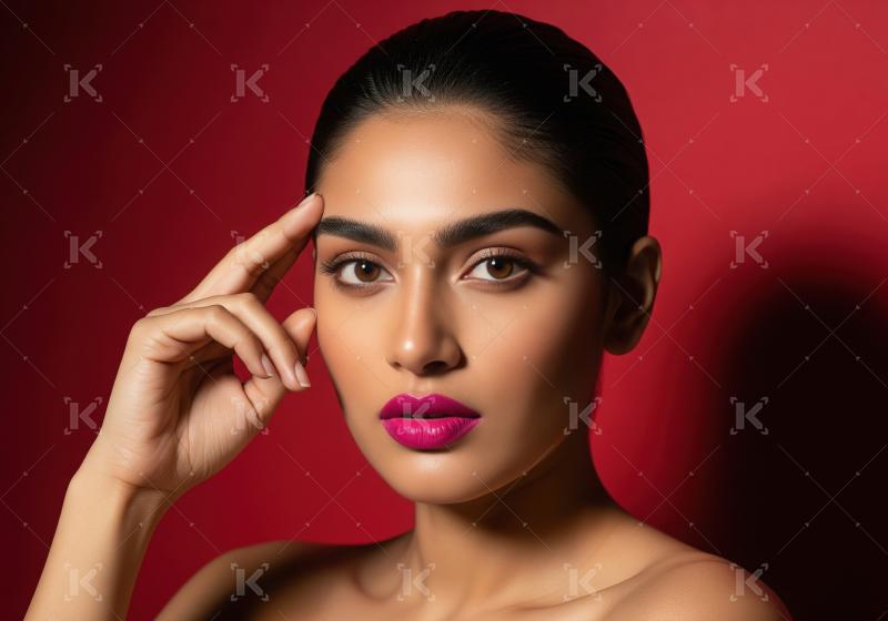 Elegant Woman with Striking Pink Lips Posing Against Red Backgro