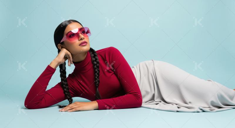 Stylish Woman in Pink Sunglasses Posing on Blue Background