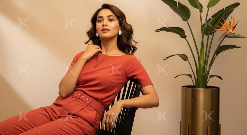 Elegant Woman Posing in Terracotta Outfit with Plant