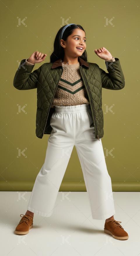 Happy Young Girl Posing in Stylish Quilted Jacket and Sweater