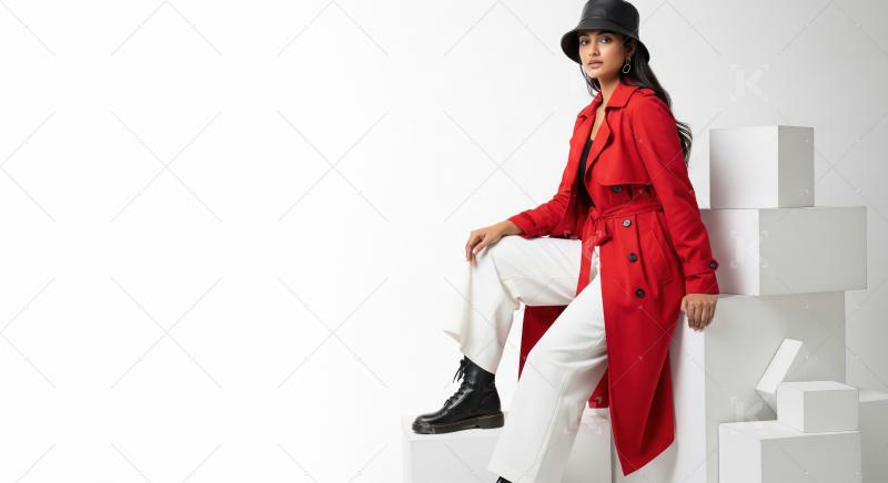 Fashionable woman poses in vibrant red coat on white blocks.