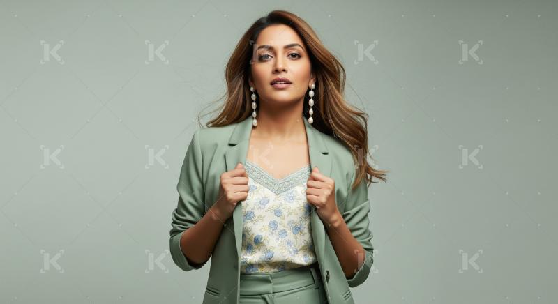 Confident Woman Posing in Green Blazer and Floral Top