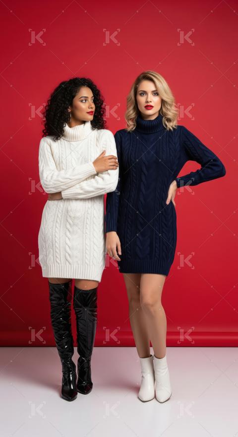 Stylish Women in Cable Knit Sweater Dresses on Red Background