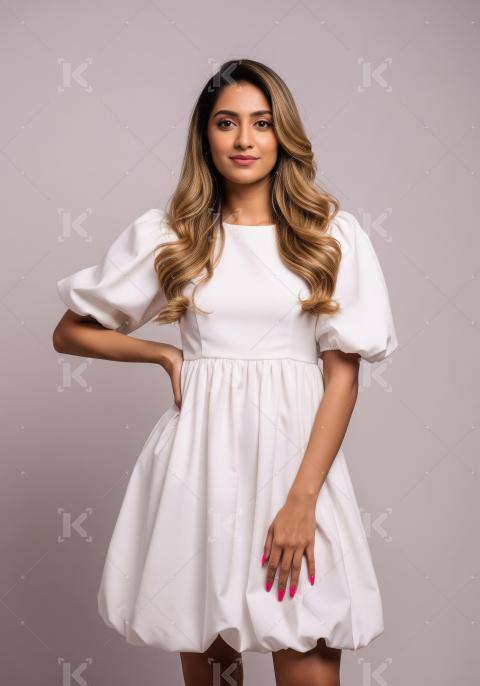 Beautiful Young Woman Posing in White Puff Sleeve Dress